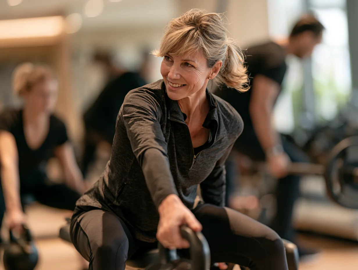 Frau beim Krafttraining in heller Trainingstherapie-Fläche